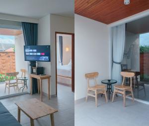 two pictures of a room with a bed and a tv at Odika Lovina Villas in Lovina