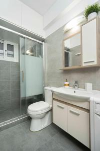 La salle de bains est pourvue de toilettes, d'un lavabo et d'une douche. dans l'établissement Filoxenia MG city center, à Athènes