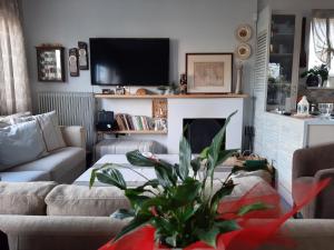 uma sala de estar com um sofá e uma lareira em Elegant house near the sea em Artemida