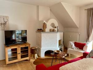 a living room with a tv and a fireplace at Alpenliebe in Bad Kleinkirchheim