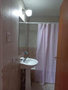 a bathroom with a sink and a pink shower curtain at Departamentos Centro Dpto 2 1 habitacion in Tandil