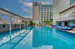 uma grande piscina com cadeiras azuis e um edifício em Novotel Bengaluru Outer Ring Road em Bangalore