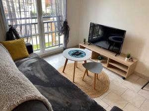 ein Wohnzimmer mit einem Sofa, einem TV und einem Tisch in der Unterkunft Appartement Avenue de Champagne in Épernay