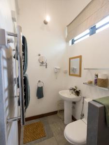 a white bathroom with a sink and a toilet at Green Cottage Chamarel in Chamarel