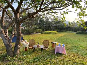 Ban Tha SaiにあるKhao Kheow Garden เขาเขียว การ์เดนの庭の木の下のピクニックテーブルと椅子 +8枚の写真