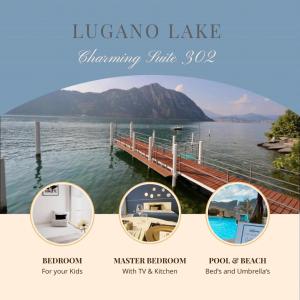 un collage de fotos de un lago con muelle en Luganersee, Pool, Strand, Parkplatz, Suite en Bissone