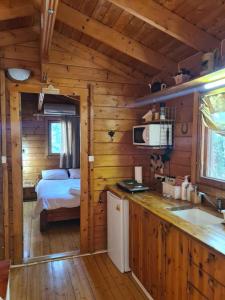 a log cabin with a kitchen and a bedroom at משק חפר - בקתות כפריות עם פרטיות מלאה - כולל שעה של טיול רנג'ר זוגי עצמאי in Abirim