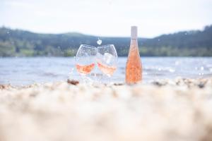 two wine glasses and a bottle on a beach at Amenity Hotel & Resort Lipno in Lipno nad Vltavou
