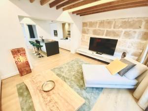 a living room with a white couch and a tv at Hotel-Apartment with big terrace in Palma de Mallorca
