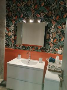a bathroom with a sink and a mirror at Beau studio avec balcon in Bagnères-de-Bigorre