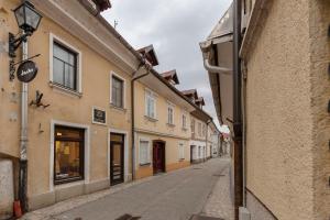 an empty street in a town with buildings at Apartma Jenkova rezidenca in Kranj