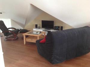 a living room with a black couch and a tv at Ferienwohnung Studiowohnung, offener Wohn- und Schlafber in Langgöns