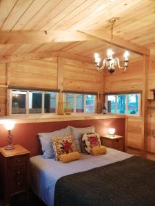 een slaapkamer met een bed in een houten kamer bij De Langenbrinck Eerlijk Heerlijk overnachten in blokhut en ingerichte tent in Breedenbroek