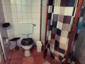 a bathroom with a toilet with a black seat at Hiller`s Hof in Ilsede
