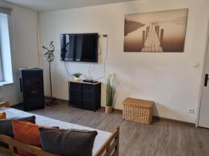 een woonkamer met een bank en een tv bij Au beau séjour in Mayet-de-Montagne