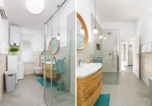 due immagini di un bagno con lavandino e specchio di Lovely house with garden near city centre a Pola (Pula) Altre 25 foto