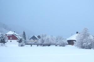 uma aldeia coberta de neve com uma casa vermelha e árvores em B5 Albmatte-FEWO Sauna, Hallenbad Außenbecken Massagen nebenan em Menzenschwand-Hinterdorf