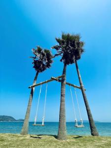Nishinoura的住宿－Alba HOTEL & Glamping，海滩上的两棵棕榈树,带秋千