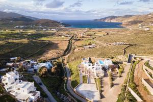 een luchtzicht op een dorp naast de oceaan bij Koumi Homes Mykonos in Ftelia