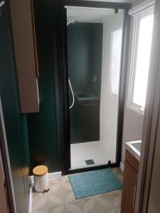 a bathroom with a shower with a glass door at MOBIL HOME DU ROUTIER in Valras-Plage