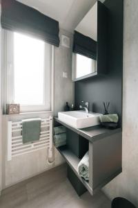 ein Bad mit einem Waschbecken und einem Fenster in der Unterkunft gemütliches voll ausgestattes Tiny House in Vilseck