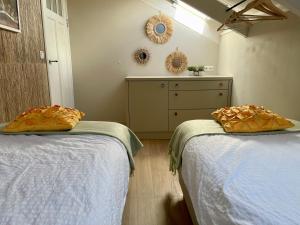 a bedroom with two beds and a dresser with a mirror at Vakantiehuis Noflik Nijemirdum in Nijemirdum