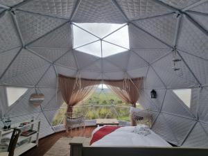 a bedroom with a large ceiling with a large window at Pom Gratz - EcoDomes in Hartebeest Rivier