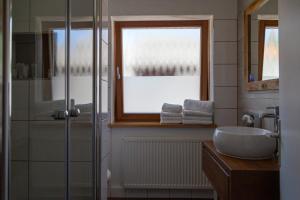 a bathroom with a sink and a glass shower at Berghotel TheLounge in Berwang