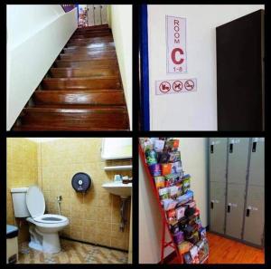 eine Serie von vier Bildern eines Badezimmers mit einer Treppe und einem WC in der Unterkunft PrivateDorm#Aircon#Freewifi#Sharedbath#Cozy#@Oldcity in Chiang Mai