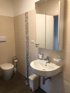W łazience znajduje się umywalka, toaleta i lustro. w obiekcie Panoramic Sport Apartment: vista golfo di Cagliari w Cagliari