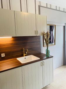 uma cozinha com armários brancos e um lavatório em Villa La Dune - Ontbijt & parking inclusief em Middelkerke