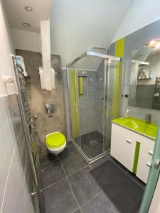 a bathroom with a shower and a toilet and a sink at Le relais des trois châteaux in Flixecourt