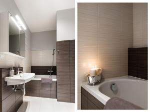 2 Bilder eines Badezimmers mit einem Waschbecken und einer Badewanne in der Unterkunft SuperApart Jana Kazimierza 49 in Warschau