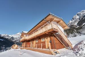 uma cabana de madeira na neve nas montanhas em Xeis Natur Apartments em Johnsbach