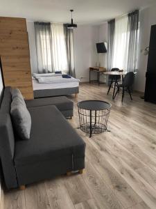 a living room with a couch and a bed at Apartamenty Zatorze in Leszno