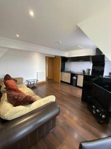 een woonkamer met een bank en een flatscreen-tv bij spacious 2 bed apartment in Norwich city centre in Norwich