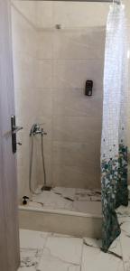 y baño con ducha y cortina de ducha. en Calm Rooms, en Agioi Apostoli