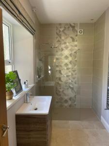 a bathroom with a shower and a sink and a shower at The Garden House, Necarne, Irvinestown in Irvinestown