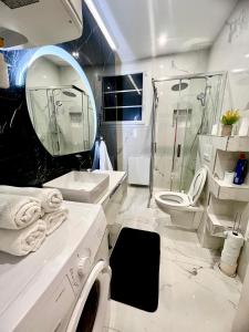 a bathroom with a sink toilet and a mirror at Alexandru Home in Boissy-Saint-Léger