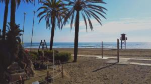 una playa con palmeras y un parque infantil en Hostal Moscatel, en Málaga