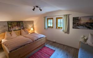 um quarto com uma cama e duas janelas em Schlossalm Ferienwohnungen em Brannenburg
