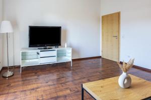 a living room with a tv and a vase on a table at Ülger in Pfullendorf