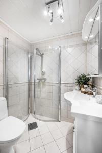 a bathroom with a shower and a toilet and a sink at Luxurious Boathouse with Private Dock in the Best Location in Arendal in Arendal