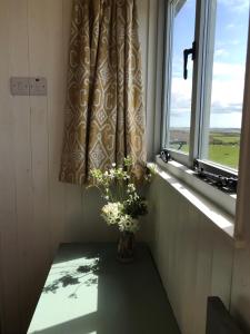 Ewe With A View Sea View Shepherds Huts في Breage: مزهرية من الزهور تجلس على مقعد بجوار النافذة