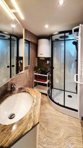 La salle de bains est pourvue d'un lavabo et d'une douche en verre. dans l'établissement Maui - zeezichtappartement te Oostende, à Ostende