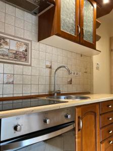 kuchnia ze zlewem ze stali nierdzewnej i drewnianymi szafkami w obiekcie Baśniowy Apartament w mieście Lublin