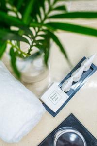 a remote control sitting on a table with a plant at Dunas Club - Hotel & Apartamentos in Corralejo