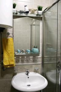 y baño con lavabo y ducha acristalada. en Aurora Apartments en Igalo
