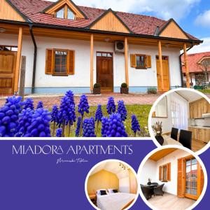 un collage de fotos de una casa con flores púrpuras en Miadora apartments - Apartma Prekmurska hiška, en Moravske Toplice