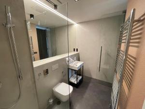a bathroom with a shower and a toilet and a mirror at Ponton Rooms in Bratislava +10 photos